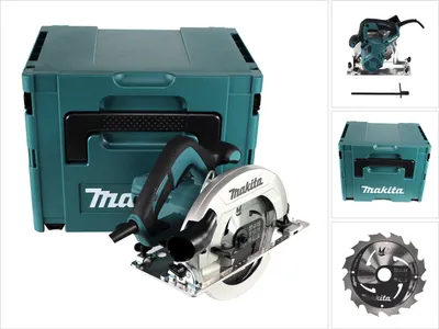 A collage of images showing a Makita circular saw, its case, and a saw blade.