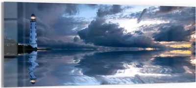 Produktbild von DEQORI Glasbild Echtglas 125x50 cm 'Leuchtturm im Abendlicht' Wandbild Bild modern Deko