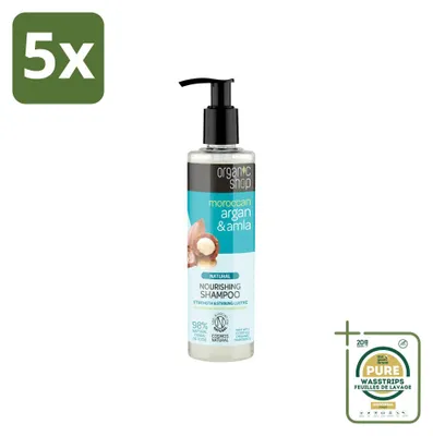 Imagen del producto de 5 champús naturales nutritivos de Organic Shop, con aceite de argán y amla, 280 ml cada uno. Pack de 5 unidades