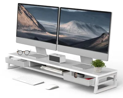 Immagine prodotto di Supporto per monitor rialzato con 2 cassetti, altezza 108 cm, colore bianco