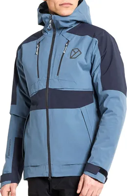 A man wearing a blue and navy ski jacket.