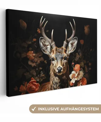 Produktbild von MuchoWow® - Leinwandbilder - Hirsch - Tier - Blumen - Natur - Botanisch, Wandbild, Wanddeko Bilder Wohnzimmer, 90x60 cm