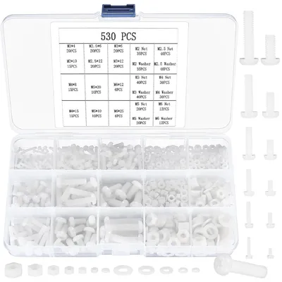 Productafbeelding van Nylon schroeven, moeren en ringen set, 530 stuks, M2-M6, wit