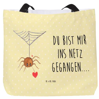 Produktbild von Mr. & Mrs. Panda Reisetasche Spinne Agathe Liebe - Gelb Pastell - Geschenk, Tote Bag, Strandtasche, Liebesbeweis, Schultasche, Liebesgeschenk, Verliebt, Beutel