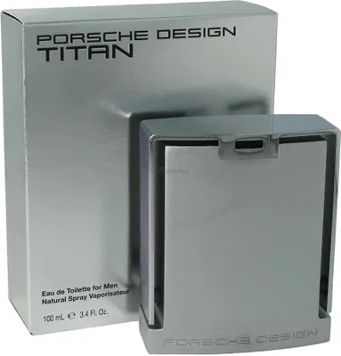 A product shot of a Porsche Design Titan fragrance bottle and its packaging.