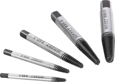 A set of five screw extractors of varying sizes, arranged diagonally on a white background.