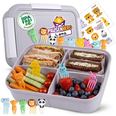 Produktbild von Pausenhero Brotdose Kinder mit Fächern [Obstgabeln + Sticker Set Grau] Brotdose Schule Snackbox mit Fächern Bento Box Lunchbox Kinder Lunchbox