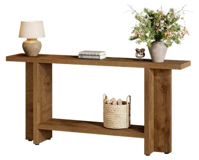 Produktbild von 150 cm Konsolentisch, schmaler Sofatisch hinter der Couch für Flur, Wohnzimmer und Foyer, einfache Montage (Hellbraun)