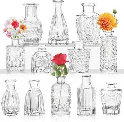 Produktbild von Famanu Glasvase Vintage Design – Kleine Blumenvasen für Tischdekoration (12 Stück)