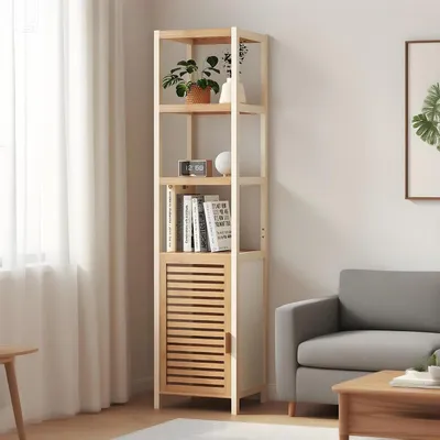 Immagine prodotto di Mobiletto da bagno in bambù, dimensioni 33x33x165 cm, con ante e ripiani aperti