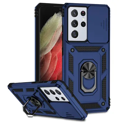 Immagine prodotto di Custodia per Samsung Galaxy S21 Ultra 5G a doppio strato con copertura scorrevole della fotocamera e supporto ad anello blu