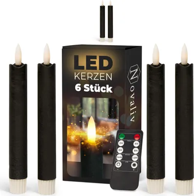 Produktbild von Stabkerzen LED mit Timer SCHWARZ 6 Stück Indoor 6 Stunden ECHTWACHS 18cm Höhe für Kerzen 2,2cm Durchmesser 2 AAA Batterien notwendig LED Stabkerzen 4er Set SCHWARZ (zwei Mal) bewegliche Flamme Licht