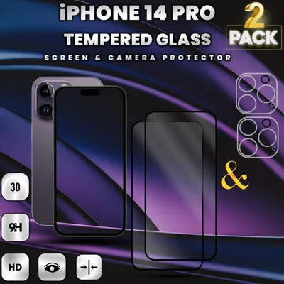 Produktbild von 2-Pack iPhone 14 Pro Displayschutzfolie & 2-Pack Kameraschutz - Gehärtetes Glas 9H - Super Qualität 3D