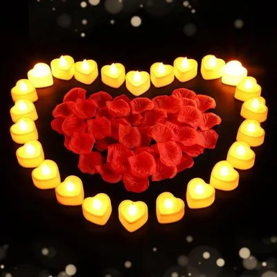 Produktbild von Rosenblätter- und Kerzenset für romantische Dekorationen, 2000 Rosenblätter und 24 LED-Lichter, Flammlöschende Herz-Lichter, Valentins- und Jubiläumsbedarf.