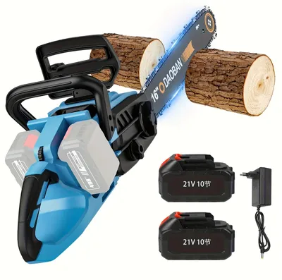 Obrázek produktu pro Akumulátorová řetězová pila - Elektrická motorová pila - Délka řetězu 40,6 cm - Bezuhlíkový motor - Automatické mazání řetězu - 2 akumulátory - Modrá barva