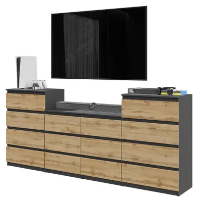 Produktbild von Kommodenset Anthrazit Grau / Wotan Eiche mit 14 Schubladen (4+6+4) – Großes Sideboard Set für Schlafzimmer & Wohnzimmer – GABRIEL