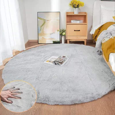 Produktbild von Runder Teppich Grau Waschbar 180 cm Flauschig Kunstfell für Wohnzimmer Schlafzimmer Kinderzimmer