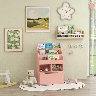 Produktbild von SUGIFT Kinderregal mit Schublade und Rollen, Bücherregal Kinderzimmer, MDF mit Kippsicherung, Rosa | 60 x 29,9 x 90 cm | 3 Fächer + Schublade