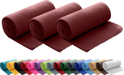 Three rolled-up fleece blankets in maroon are shown at the top, with a row of differently colored rolled-up fleece blankets below.