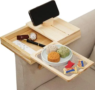 Imagen del producto de Bandeja de apoyo para reposabrazos de banco de madera, con soporte para teléfono, muy estable, ideal para snacks, tazas y teléfonos móviles.