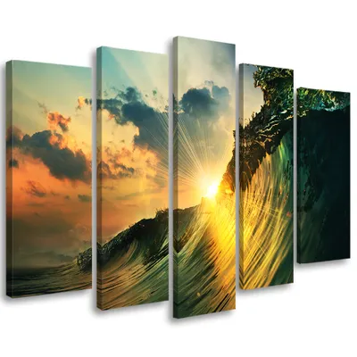 Produktbild von 5-teiliges leinwandbild wellen himmel sonnenuntergang 150x100 cm Feeby blau wandbild bereit zum aufhängen