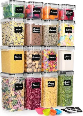 Imagen del producto de Juego de 16 recipientes herméticos para alimentos, de plástico con tapas – 4 de 2 litros, 8 de 1,4 litros y 4 de 0,8 litros. Libres de BPA, a prueba de fugas, apilables, aptos para lavavajillas e incluyen etiquetas