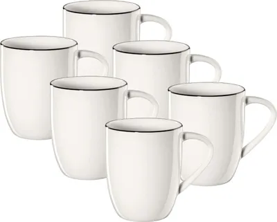 A set of six white mugs with black trim on a white background.