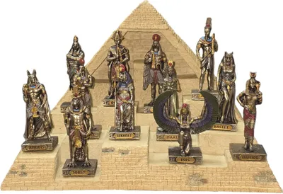 Produktbild von 12 bronzierte ägyptische Götter Miniaturen mit Display Pyramide