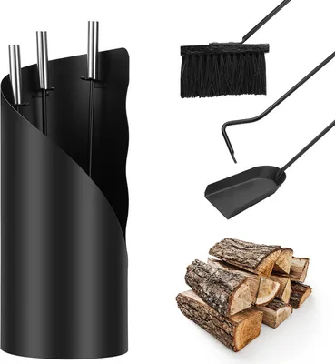 Immagine prodotto di Fiqops set camino 4 pezzi accessori camino - design moderno, rivestito, set camino di alta qualità composto da 4 parti: Scopa, pala, attizzatoio, cavalletto manici in acciaio inox , nero