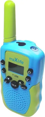 A close-up studio shot of a blue and green walkie-talkie.