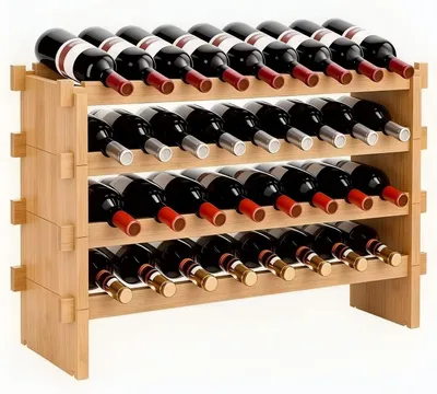 Zdjęcie produktu dla Stojak na wino z bambusa, układany w stos – 4 poziomy – pojemność 36 butelek – wykonany z naturalnego bambusa