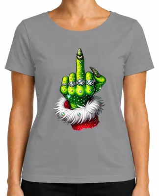 Produktbild von Grinch Mittelfinger Weihnachten Frech Glitzer Stinkefinger Lustig Damen T-Shirt, Grau, M