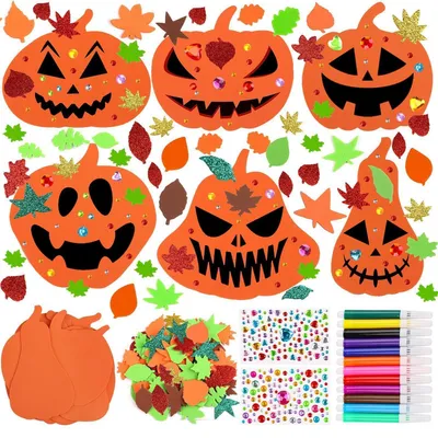 Immagine prodotto di Kit per creare zucche di Halloween, 76 pezzi, ideale per bambini, decorazioni autunnali fai-da-te, include adesivi in schiuma e pennarelli