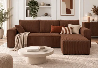 Produktbild von Sofello CORDA Moderne Eckcouch Creme aus Cordstoff, Schlaffunktion, Bettkasten, Ottomane Links/Rechts, 248 cm, Ziegelrot, KI-generiertes Bild