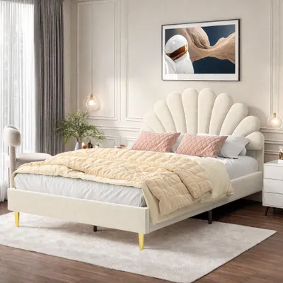 Produktbild von Fortuna Lai Polsterbett 140x200 cm für Mädchen, mit Blumen-Kopfteil & Lattenrost, Massivholz, Samt, Beige