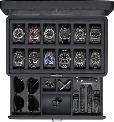 Produktbild von Luxus-Horlogebox aus Kunstleder mit Glasdeckel, Umschlagfach und mehreren Kompartimenten, tragbar, (Kohlenstoff)