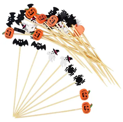 Immagine prodotto di Spiedini per cocktail a tema Halloween, 100 pezzi, in legno, con decorazioni a forma di fantasma, pipistrello, ragno e zucca, lunghezza 12 cm