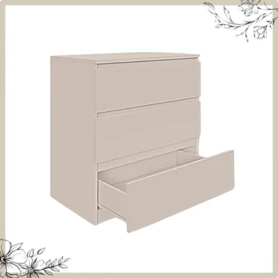 A beige three-drawer dresser is shown against a white background.