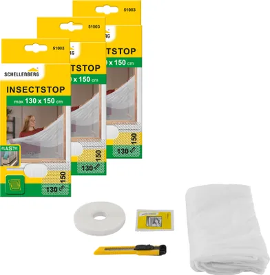 Produktbild von Schellenberg 3er Pack 51003 Fliegengitter ELASTIC, für Fenster mit Wetterschenkel, Insektenschutz ohne bohren, weiß, 130 x 150 cm