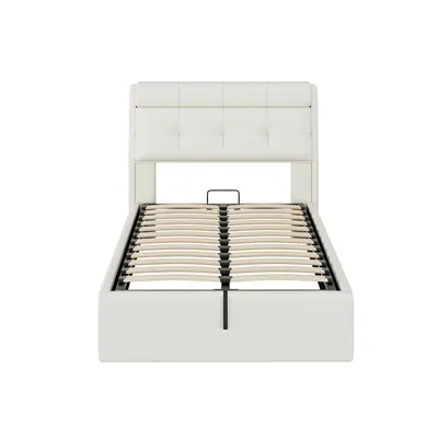 Produktbild von Flieks Polsterbett 90x200cm mit Lattenrost, Stauraumbett Jugendbett mit Stauraumkopfteil, Hydraulisches Boxspringbett Einzelbett, PU, Weiß