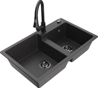 Produktbild von Mexen Tomas 2-Becken-Granitspüle mit Mischbatterie Elia, Schwarz gesprenkelt - 6516-76-670101-70-B