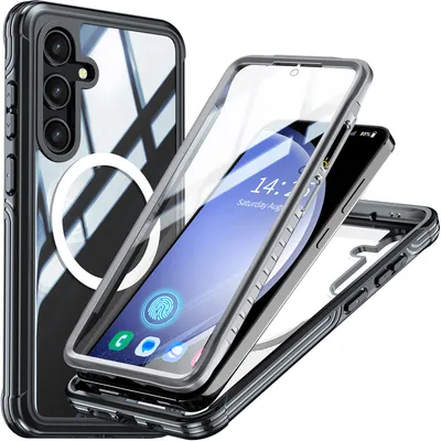 Immagine prodotto di Custodia per Samsung Galaxy S25, compatibile con MagSafe, protezione integrale a 360° con cover posteriore trasparente e protezione dello schermo nero