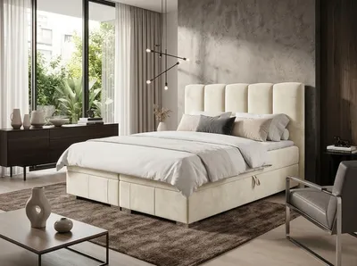 Produktbild von Boxspringbett OSLO 180 cm x 200 cm AMOR VELVET 04 Cream Bett mit zwei Bettkästen und H3 Matratze,Komplett-Set mit Matratze und Topper, Doppelbett