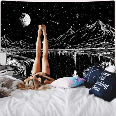 Productafbeelding van Wandtapijt "Sterrennacht" in zwart-wit, 130 x 150 cm, geschikt voor slaapkamer en woonkamer