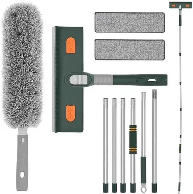 Produktbild von Unyqoos® Teleskop-Fensterwischer-Set – bis 250 cm, Komplettset für innen & außen mit Mikrofaser-Schrubber, Silikon-Abzieher, 6 Teleskopstangen, 2 Ersatztücher, Staubbürste