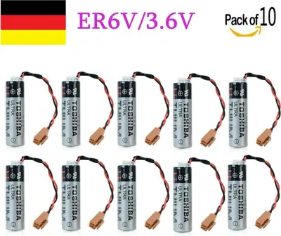 A pack of 10 Toshiba ER6V/3.6V batteries with wires and connectors, arranged in two rows on a white background.