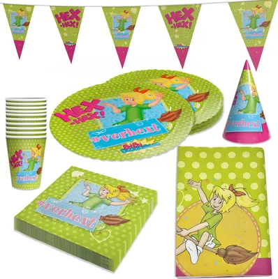 Produktbild von Bibi Blocksberg 102-tlg. Set – 2x Becher Teller Servietten Wimpel Tischdecke Hüte