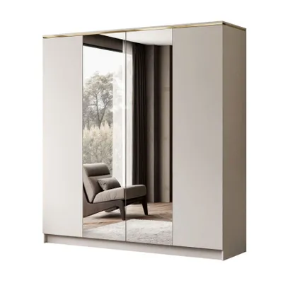 A modern wardrobe with mirrored doors reflecting an armchair and curtains.
