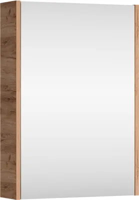 A vertical shot of a bathroom cabinet with a mirror and wooden accents.