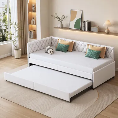 Produktbild von INONEFT Schlafsofa 90×200 cm, Ausziehbares Tagesbett, Polsterbett Einzelbetten mit Lattenrost und Armlehnen, Samt Jugendbett, Beige, Ohne Matratze, KI-generiertes Bild